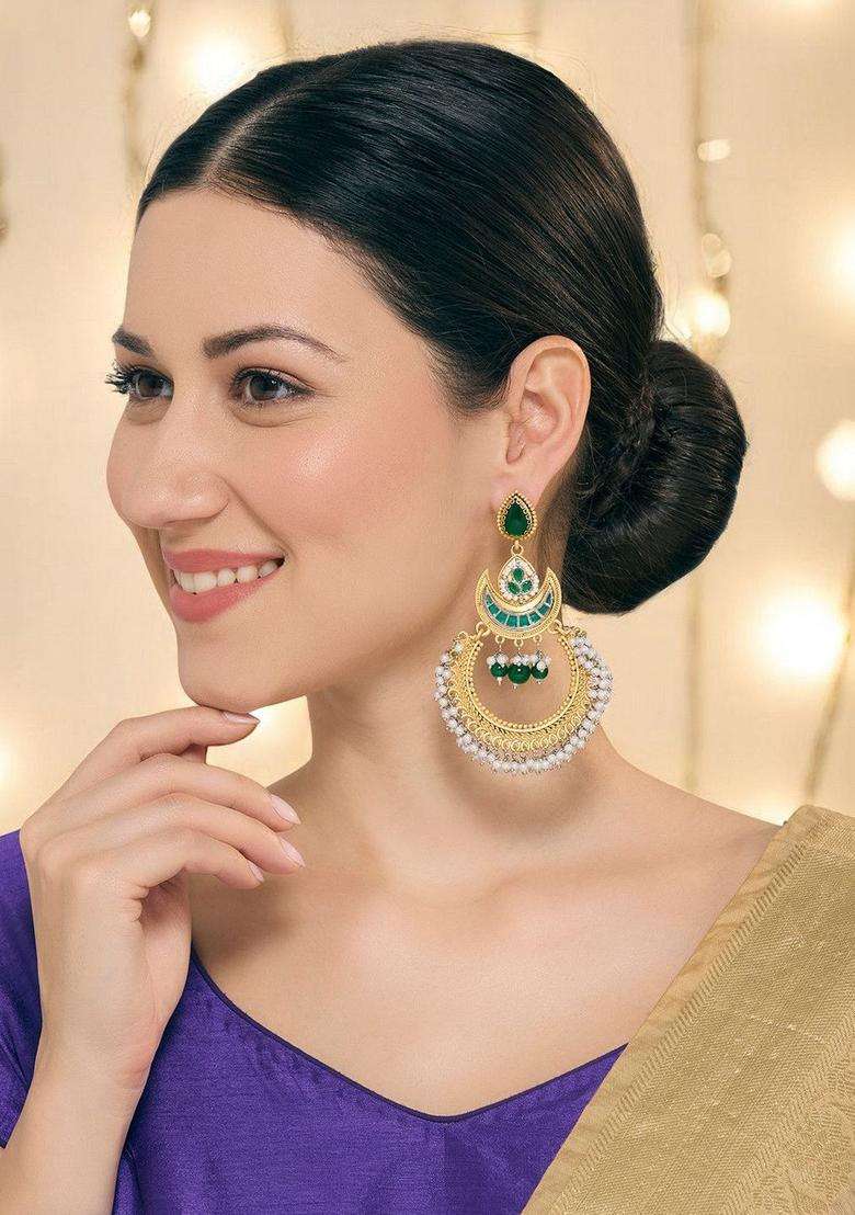 Green Long Ghungroo Kashmiri Chandbali Earrings for Women | Traditional Ethnic Jewellery for Wedding & Festive Wear | Gift for Her - Indya