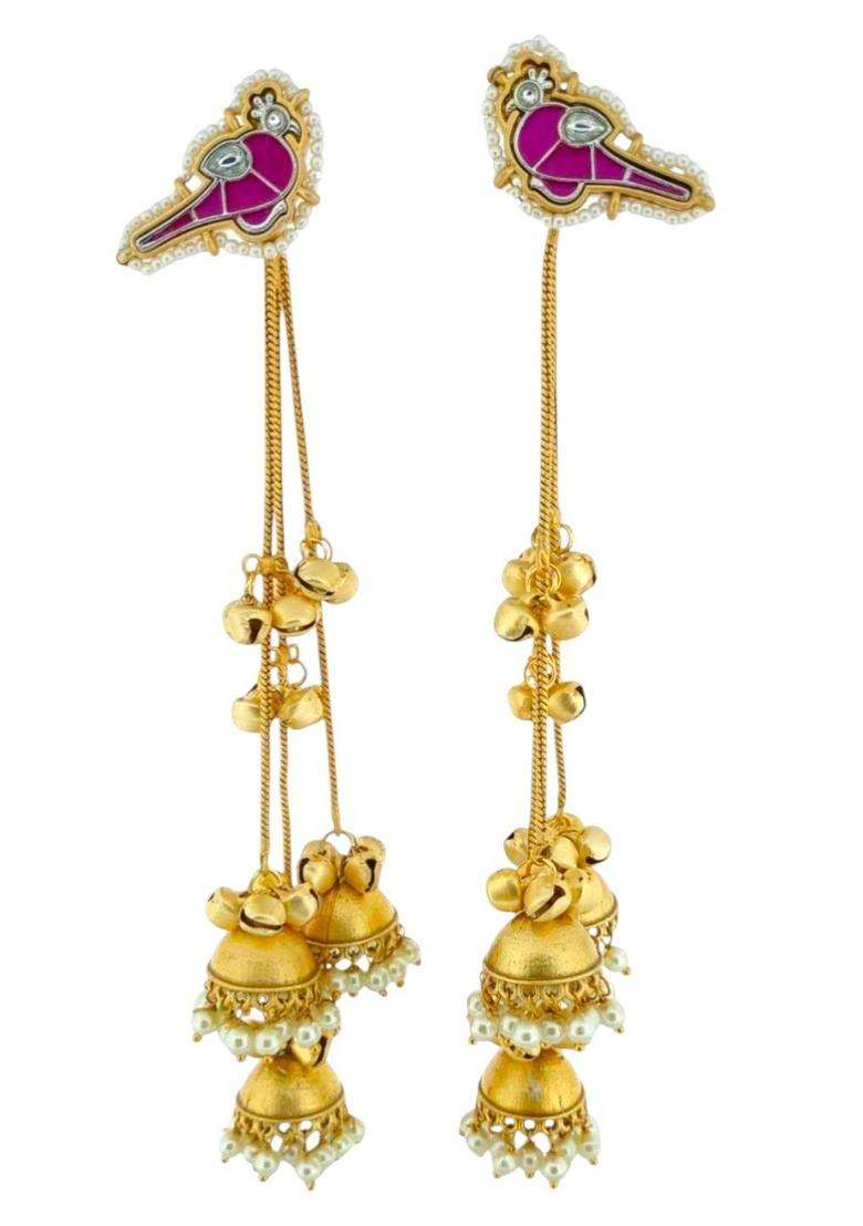 Bird Khidiya Theme Ghungroo Kashmiri Long Drop Earrings with Kundan for Women | Traditional Ethnic Jewellery for Wedding & Festive Wear | Gift for Her - Indya