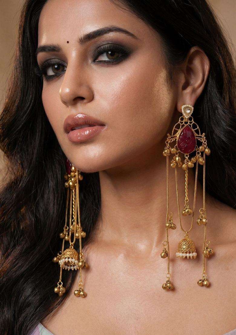 Gold-Plated Teardrop Shaped Jhumkas Earrings for Women | Traditional Ethnic Jewellery for Wedding & Festive Wear | Gift for Her - Indya