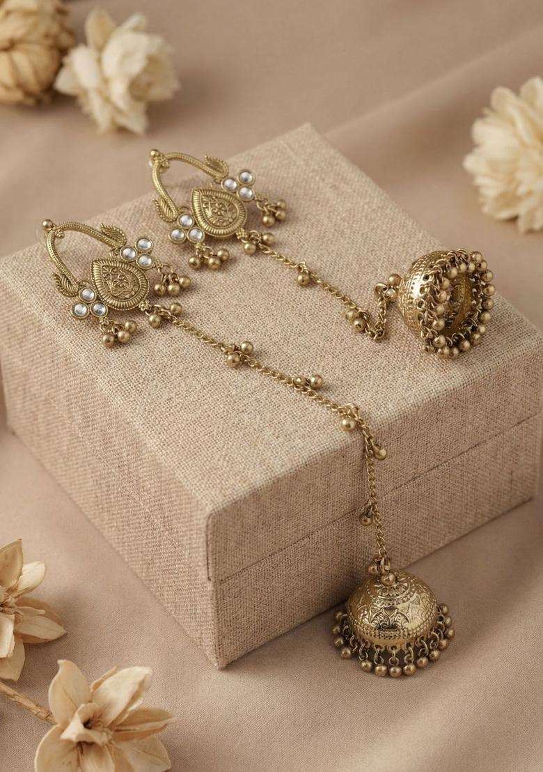 Gold-Plated Dome Shaped Jhumkas Earrings with Zircon for Women | Traditional Ethnic Jewellery for Wedding & Festive Wear | Gift for Her - Indya