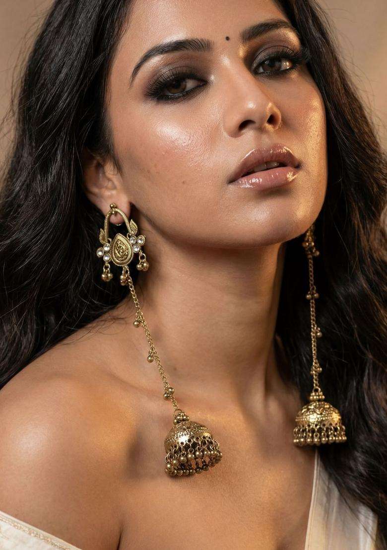 Gold-Plated Dome Shaped Jhumkas Earrings with Zircon for Women | Traditional Ethnic Jewellery for Wedding & Festive Wear | Gift for Her - Indya