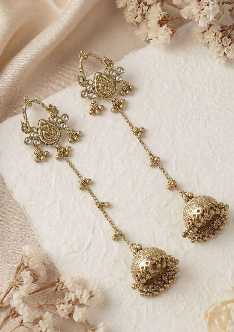 Gold-Plated Dome Shaped Jhumkas Earrings with Zircon for Women | Traditional Ethnic Jewellery for Wedding & Festive Wear | Gift for Her - Indya