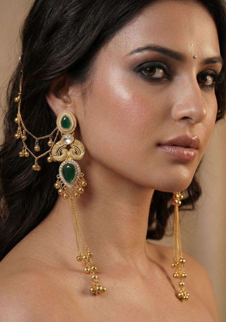 Gold-Plated Geometric Earrings with Zircon for Women | Traditional Ethnic Jewellery for Wedding & Festive Wear | Gift for Her - Indya