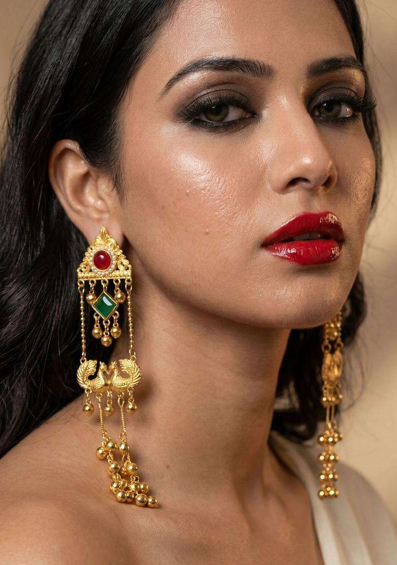 Gold-Plated Peacock Shaped Drop Earrings with Zircon for Women | Traditional Ethnic Jewellery for Wedding & Festive Wear | Gift for Her - Indya