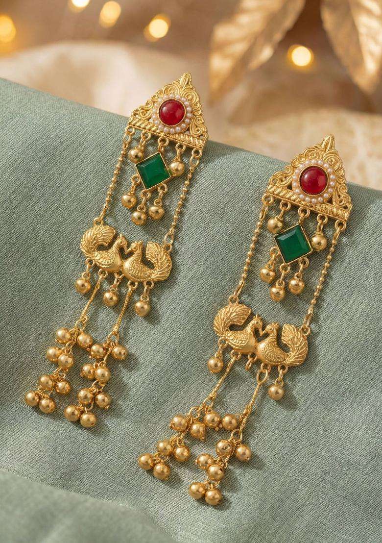 Gold-Plated Peacock Shaped Drop Earrings with Zircon for Women | Traditional Ethnic Jewellery for Wedding & Festive Wear | Gift for Her - Indya