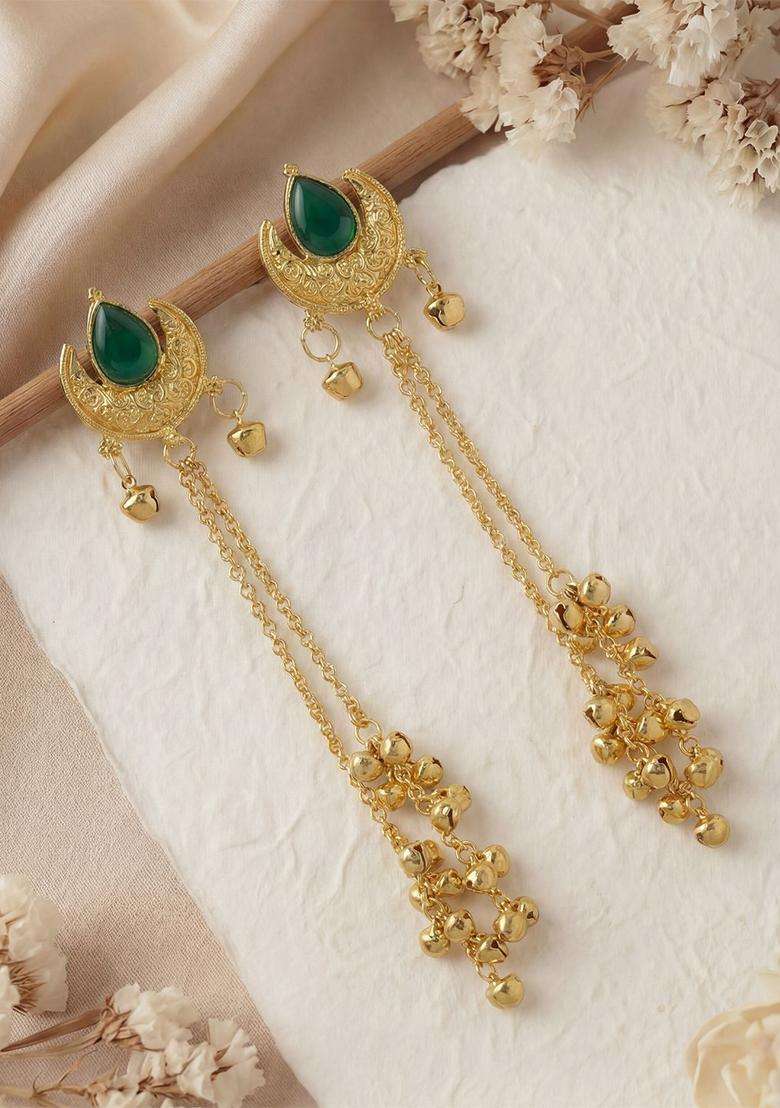 Gold-Plated Crescent Shaped Drop Earrings with Zircon for Women | Traditional Ethnic Jewellery for Wedding & Festive Wear | Gift for Her - Indya