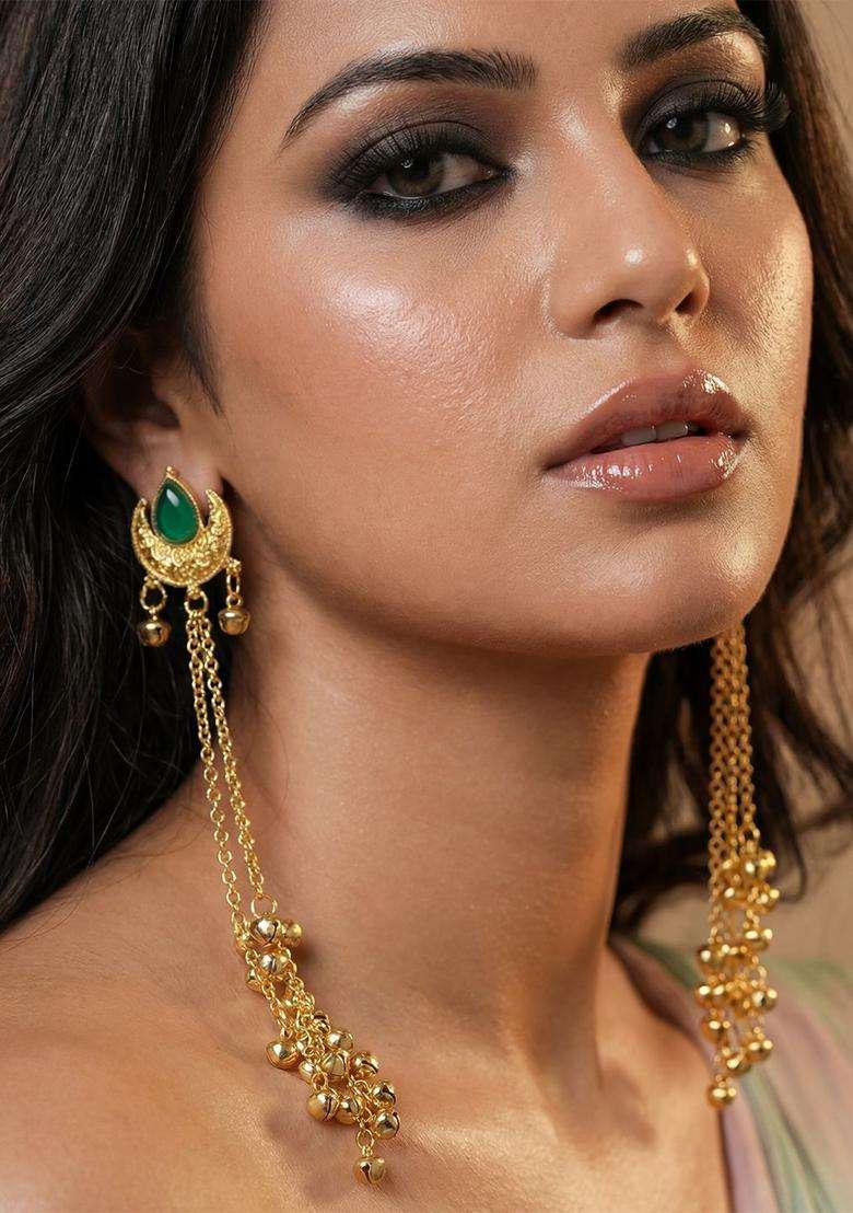 Gold-Plated Crescent Shaped Drop Earrings with Zircon for Women | Traditional Ethnic Jewellery for Wedding & Festive Wear | Gift for Her - Indya