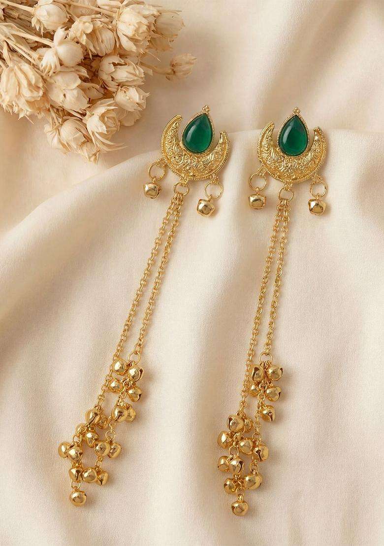 Gold-Plated Crescent Shaped Drop Earrings with Zircon for Women | Traditional Ethnic Jewellery for Wedding & Festive Wear | Gift for Her - Indya