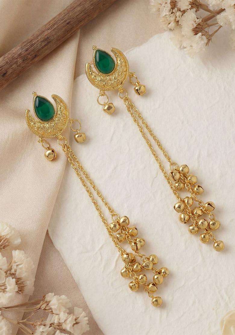 Gold-Plated Crescent Shaped Drop Earrings with Zircon for Women | Traditional Ethnic Jewellery for Wedding & Festive Wear | Gift for Her - Indya