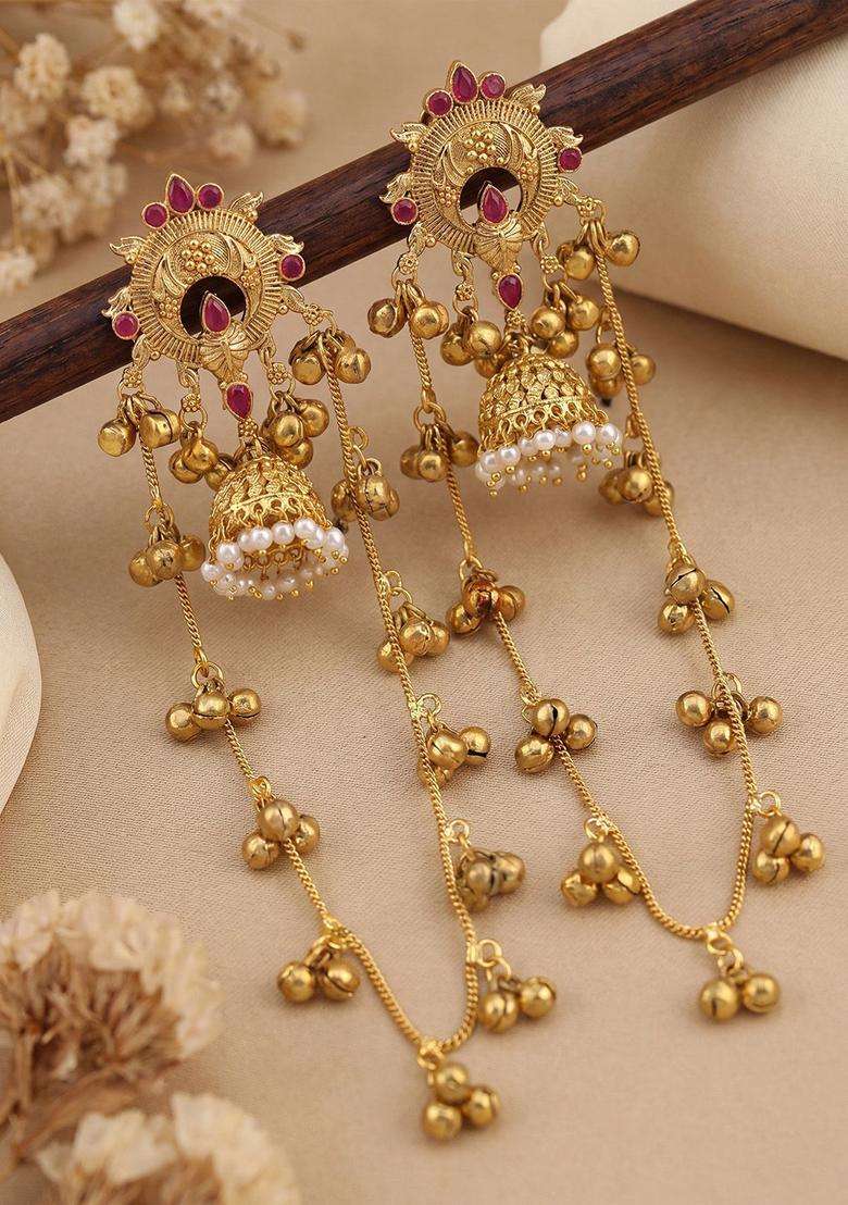 Gold-Plated Geometric Jhumkas Earrings for Women | Traditional Ethnic Jewellery for Wedding & Festive Wear | Gift for Her - Indya