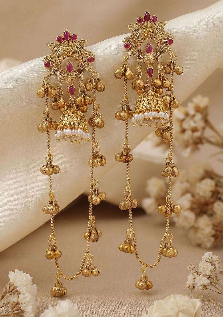 Gold-Plated Geometric Jhumkas Earrings for Women | Traditional Ethnic Jewellery for Wedding & Festive Wear | Gift for Her - Indya