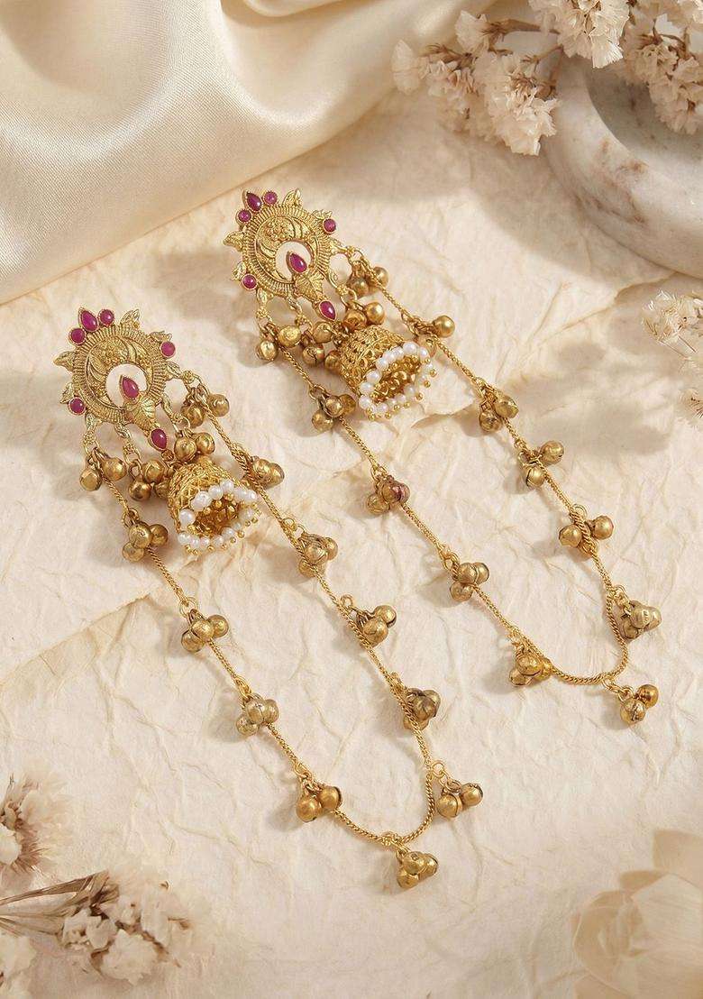 Gold-Plated Geometric Jhumkas Earrings for Women | Traditional Ethnic Jewellery for Wedding & Festive Wear | Gift for Her - Indya