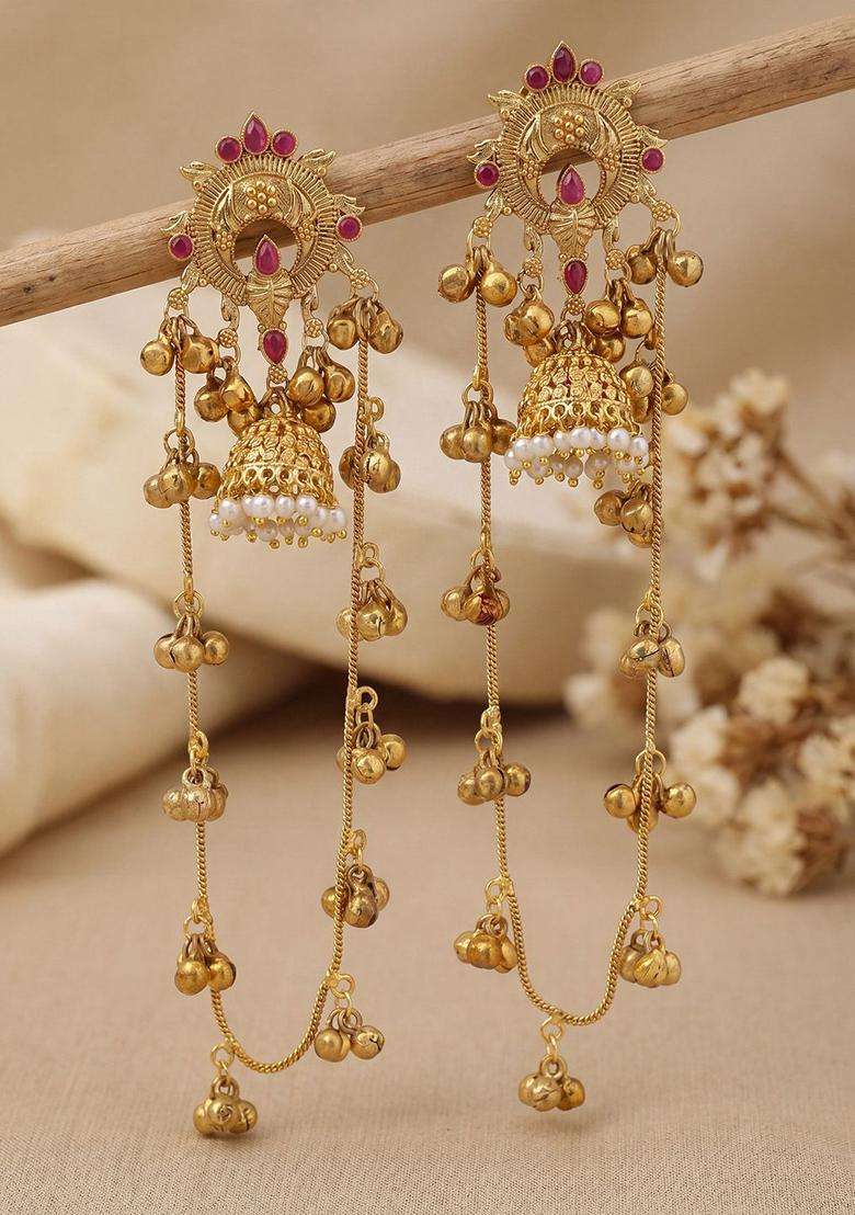 Gold-Plated Geometric Jhumkas Earrings for Women | Traditional Ethnic Jewellery for Wedding & Festive Wear | Gift for Her - Indya