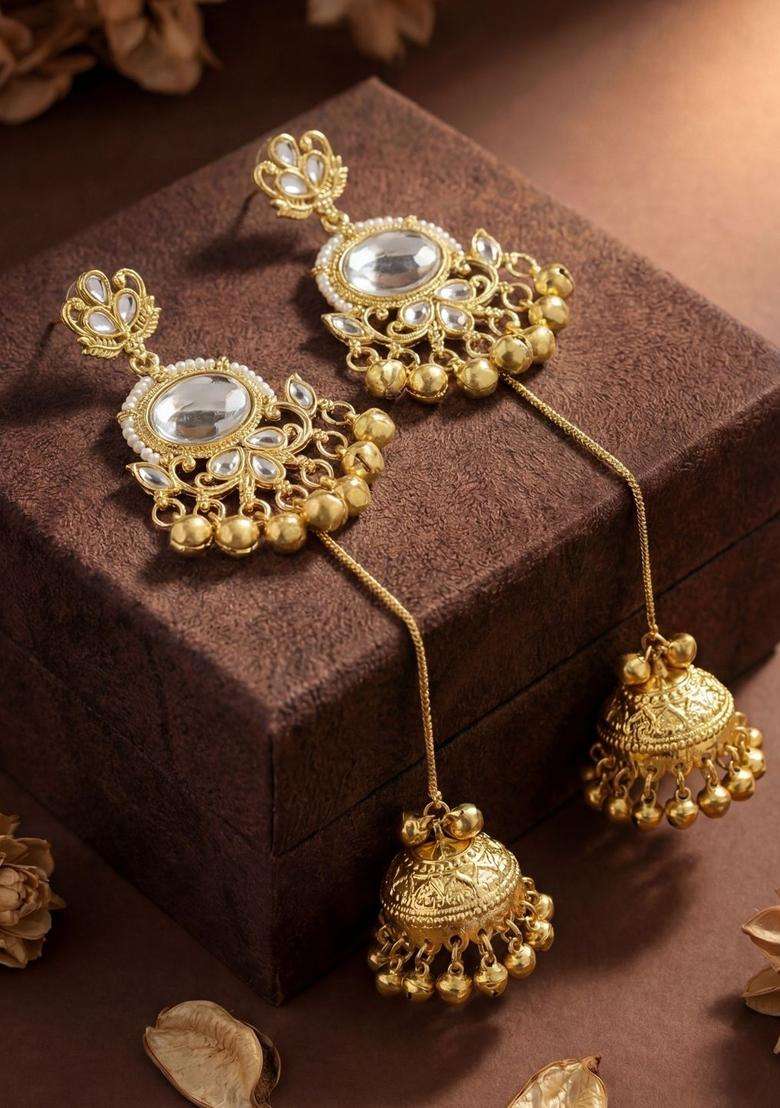 Gold-Plated Floral Jhumkas Earrings with Zircon for Women | Traditional Ethnic Jewellery for Wedding & Festive Wear | Gift for Her - Indya
