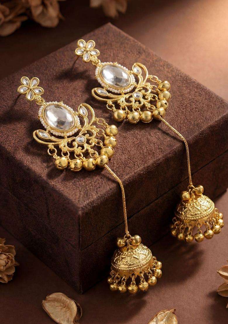 Gold-Plated Floral Earrings with Zircon for Women | Traditional Ethnic Jewellery for Wedding & Festive Wear | Gift for Her - Indya