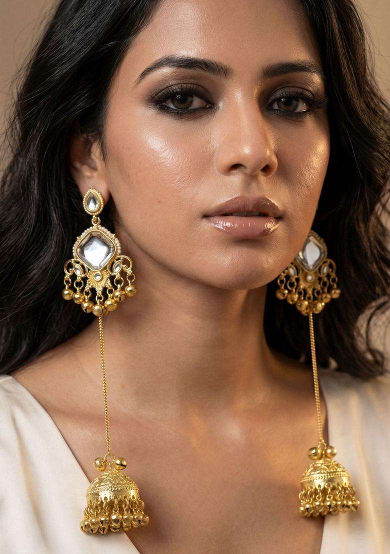 Gold-Plated Geometric Jhumkas Earrings with Zircon for Women | Traditional Ethnic Jewellery for Wedding & Festive Wear | Gift for Her - Indya