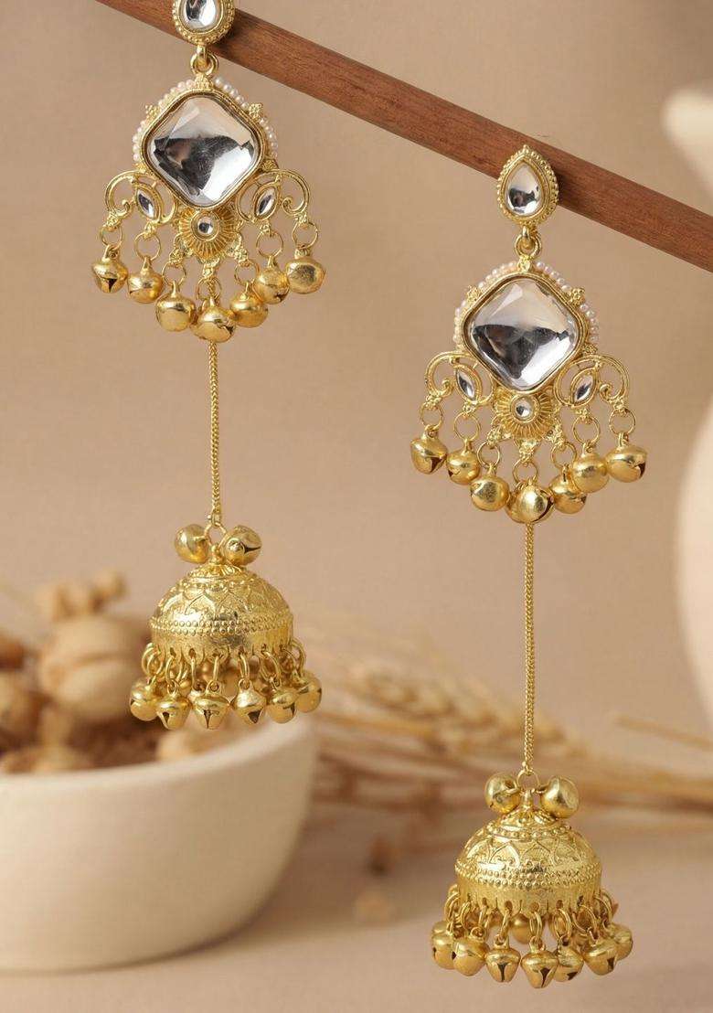 Gold-Plated Geometric Jhumkas Earrings with Zircon for Women | Traditional Ethnic Jewellery for Wedding & Festive Wear | Gift for Her - Indya