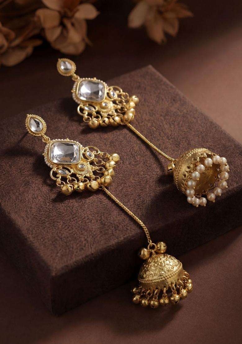 Gold-Plated Geometric Jhumkas Earrings with Zircon for Women | Traditional Ethnic Jewellery for Wedding & Festive Wear | Gift for Her - Indya