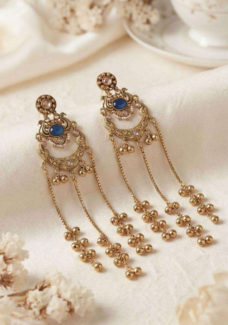 Gold-Plated Crescent Shaped Drop Earrings with Zircon for Women | Traditional Ethnic Jewellery for Wedding & Festive Wear | Gift for Her - Indya