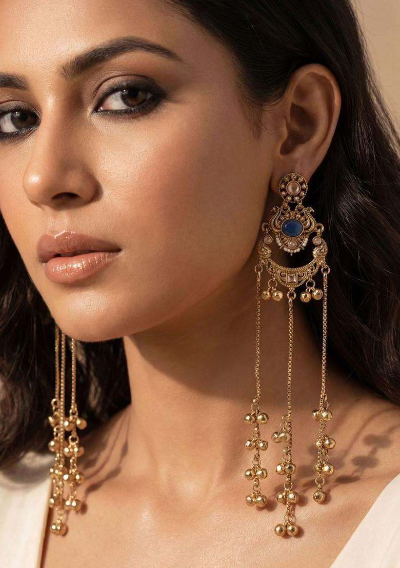 Gold-Plated Crescent Shaped Drop Earrings with Zircon for Women | Traditional Ethnic Jewellery for Wedding & Festive Wear | Gift for Her - Indya