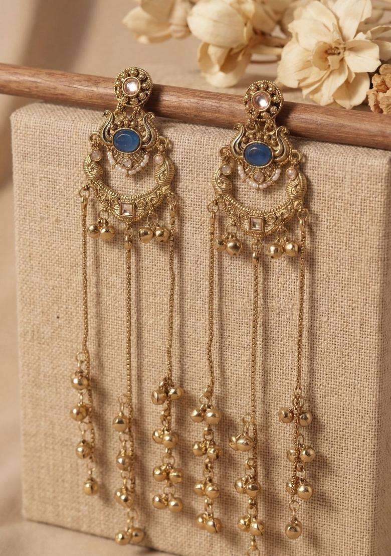 Gold-Plated Crescent Shaped Drop Earrings with Zircon for Women | Traditional Ethnic Jewellery for Wedding & Festive Wear | Gift for Her - Indya