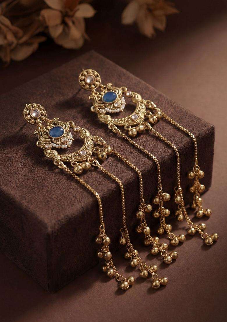 Gold-Plated Crescent Shaped Drop Earrings with Zircon for Women | Traditional Ethnic Jewellery for Wedding & Festive Wear | Gift for Her - Indya