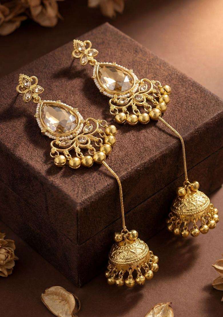 Gold-Plated Teardrop Shaped Drop Earrings with Zircon for Women | Traditional Ethnic Jewellery for Wedding & Festive Wear | Gift for Her - Indya