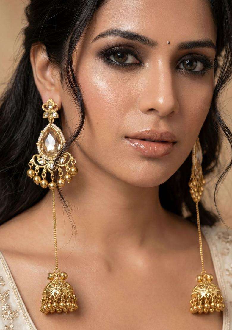 Gold-Plated Teardrop Shaped Drop Earrings with Zircon for Women | Traditional Ethnic Jewellery for Wedding & Festive Wear | Gift for Her - Indya