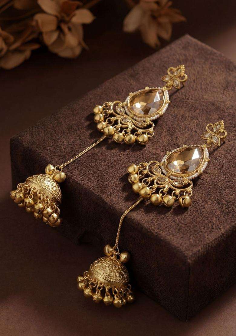 Gold-Plated Teardrop Shaped Drop Earrings with Zircon for Women | Traditional Ethnic Jewellery for Wedding & Festive Wear | Gift for Her - Indya