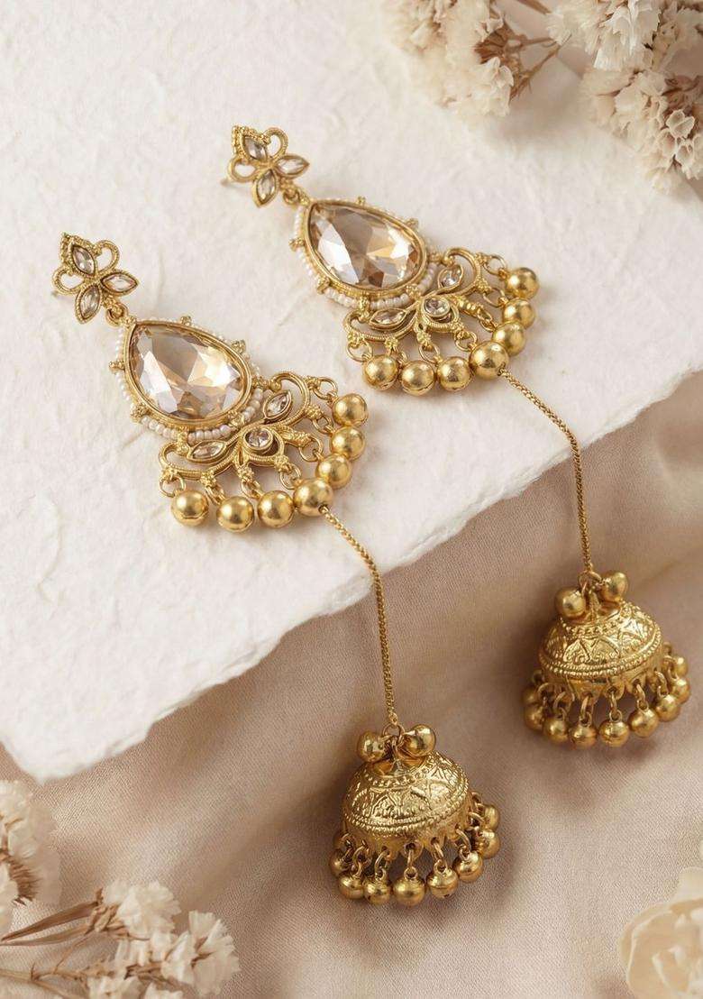 Gold-Plated Teardrop Shaped Drop Earrings with Zircon for Women | Traditional Ethnic Jewellery for Wedding & Festive Wear | Gift for Her - Indya