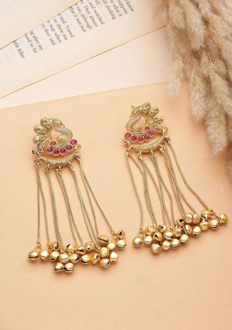 Gold-Plated Red Stone Studded Peacock Motif Ghungroo Tassel Kashmiri Earrings for Women | Traditional Ethnic Jewellery for Wedding & Festive Wear | Gift for Her - Indya