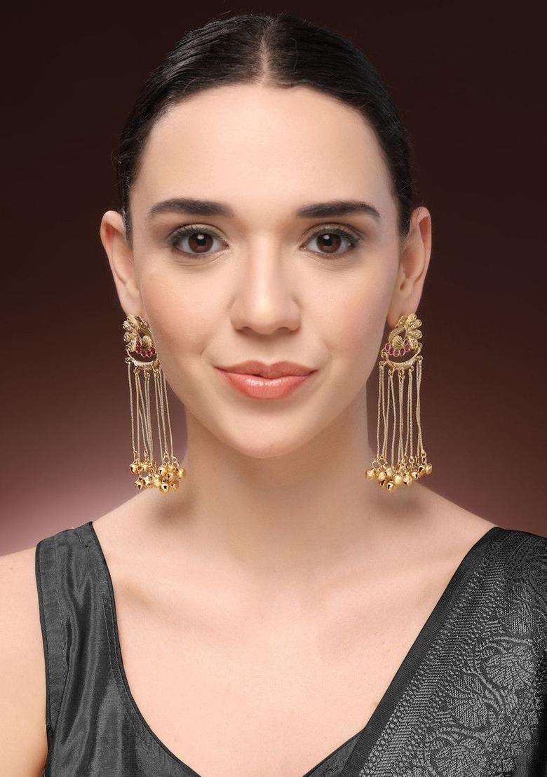 Gold-Plated Red Stone Studded Peacock Motif Ghungroo Tassel Kashmiri Earrings for Women | Traditional Ethnic Jewellery for Wedding & Festive Wear | Gift for Her - Indya