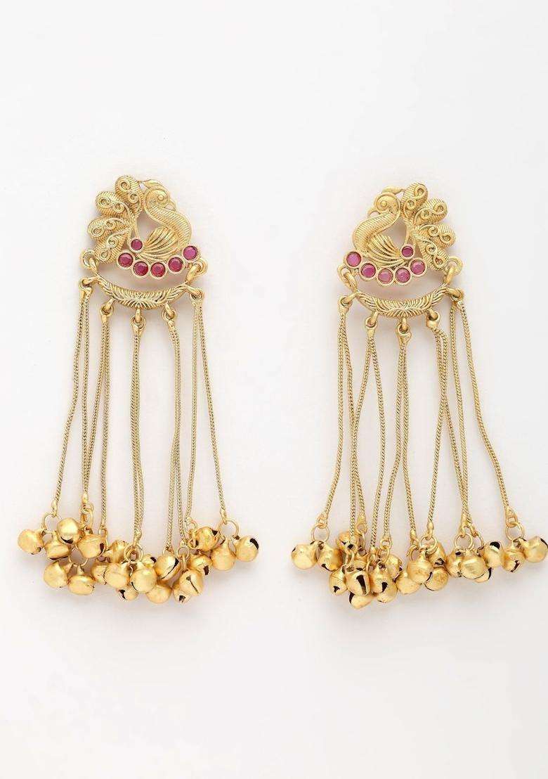 Gold-Plated Red Stone Studded Peacock Motif Ghungroo Tassel Kashmiri Earrings for Women | Traditional Ethnic Jewellery for Wedding & Festive Wear | Gift for Her - Indya