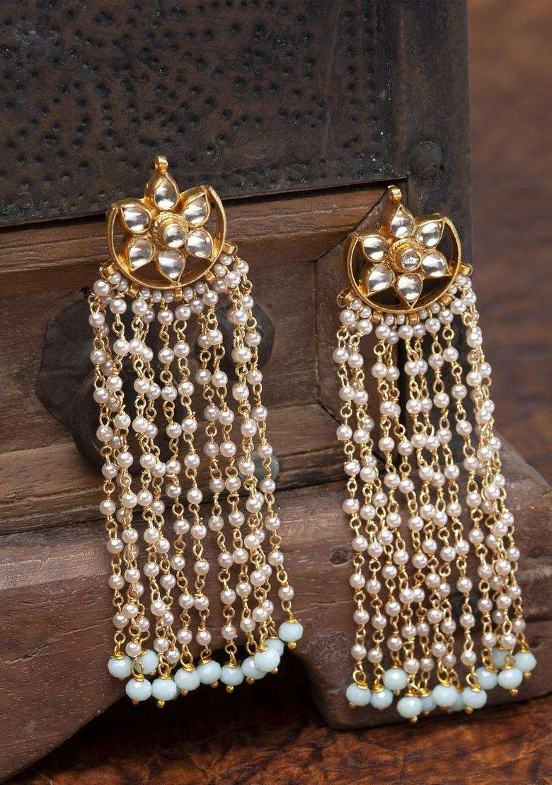 Gold-Plated & Sea Green Pearls Handcrafted Classic Drop Earrings for Women | Traditional Ethnic Jewellery for Wedding & Festive Wear | Gift for Her - Indya