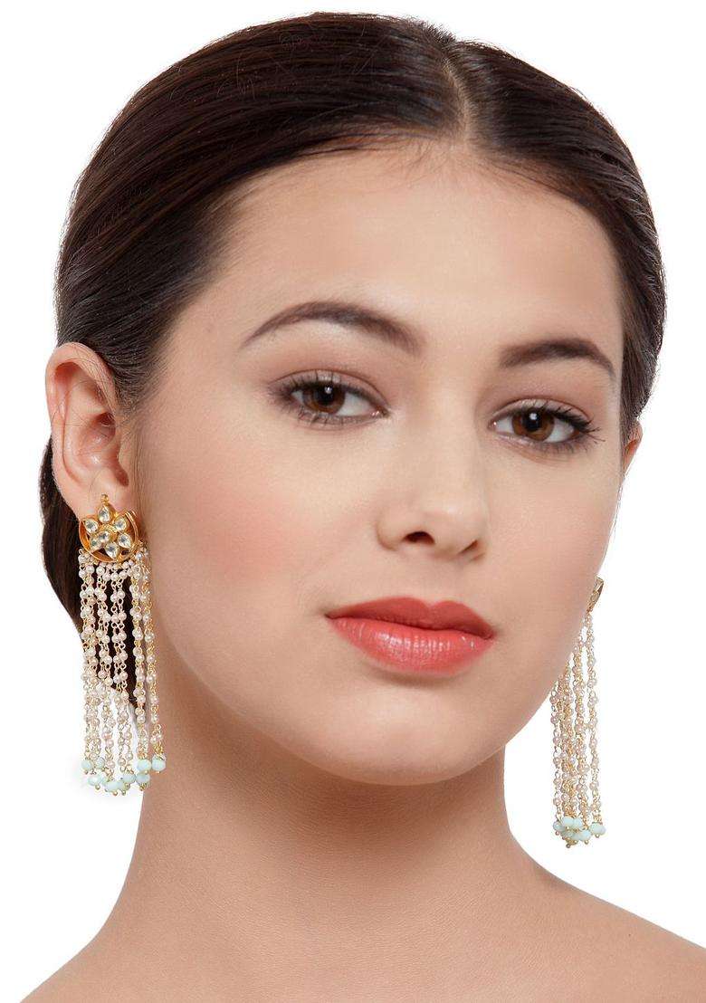 Gold-Plated & Sea Green Pearls Handcrafted Classic Drop Earrings for Women | Traditional Ethnic Jewellery for Wedding & Festive Wear | Gift for Her - Indya