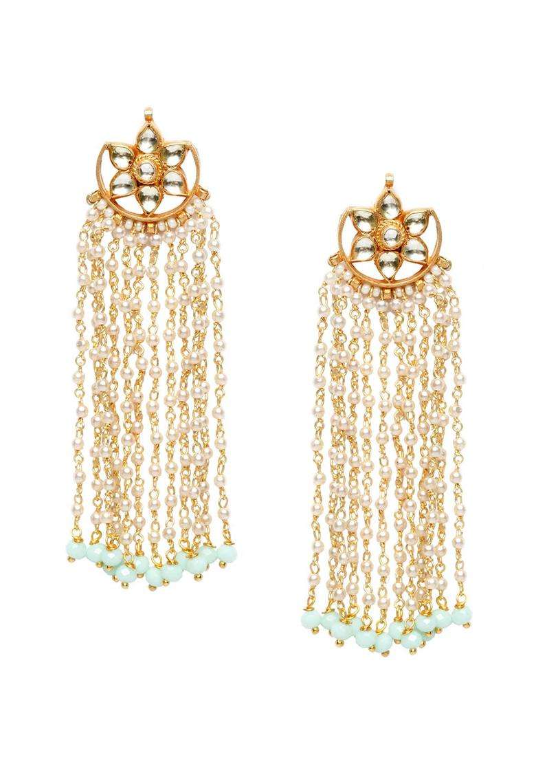 Gold-Plated & Sea Green Pearls Handcrafted Classic Drop Earrings for Women | Traditional Ethnic Jewellery for Wedding & Festive Wear | Gift for Her - Indya