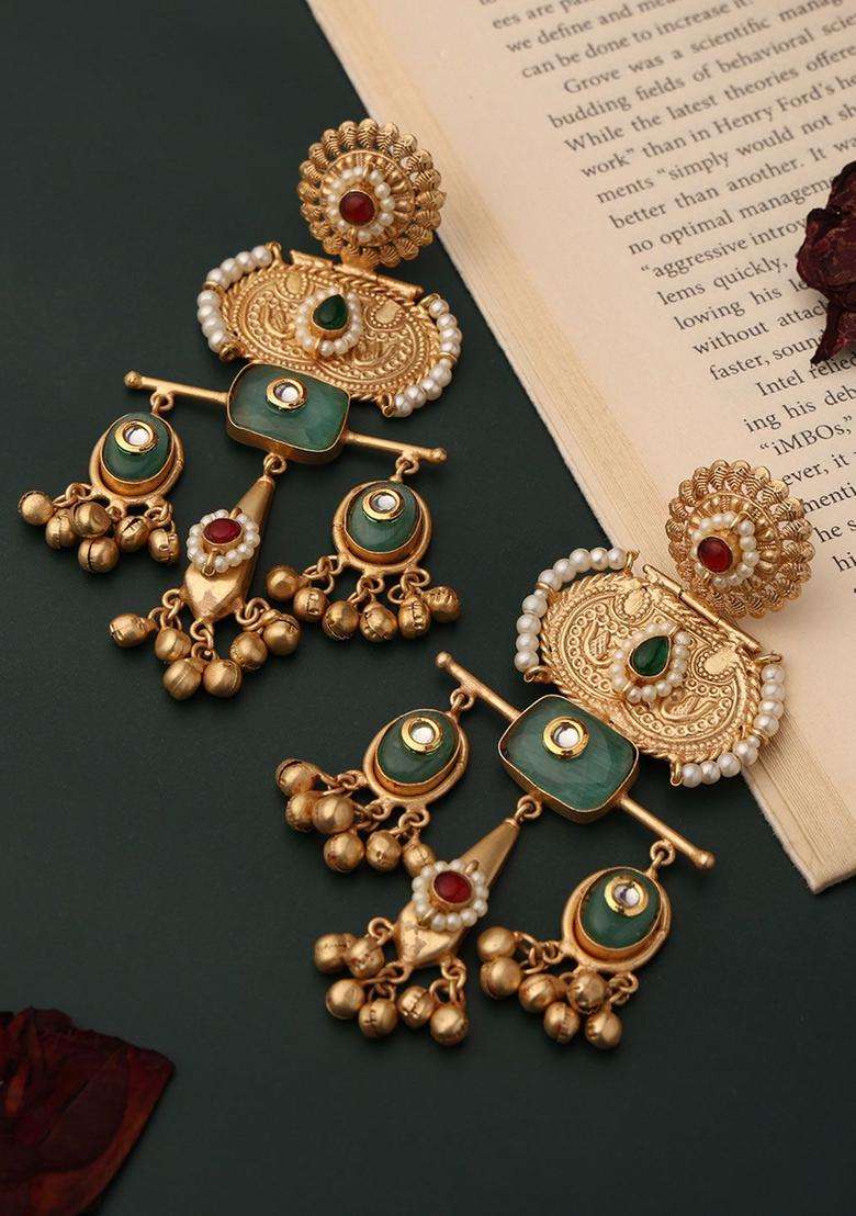 Gold-Plated Artificial Stone Studded & Beaded Temple Drop Earrings for Women | Fusion Party & Festive Wear | Gift for Her - Indya