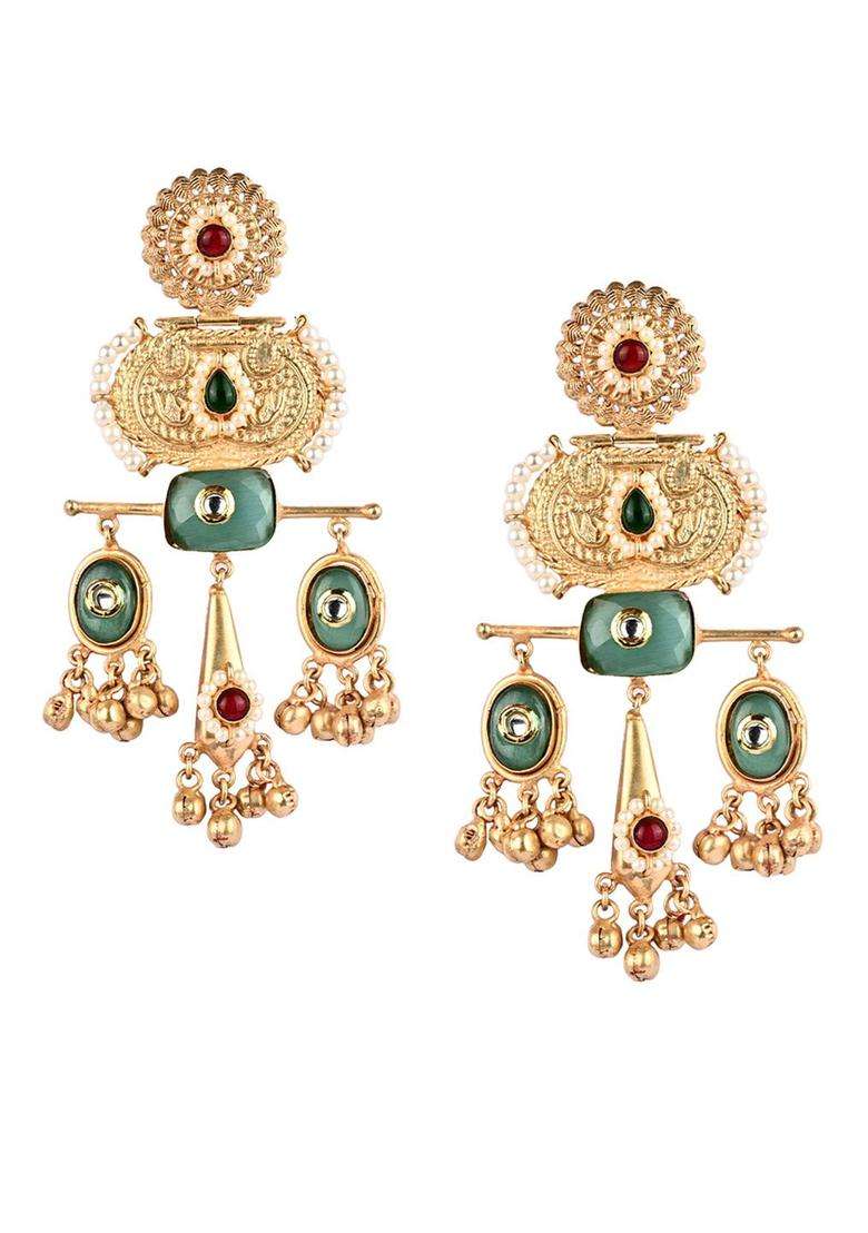 Gold-Plated Artificial Stone Studded & Beaded Temple Drop Earrings for Women | Fusion Party & Festive Wear | Gift for Her - Indya