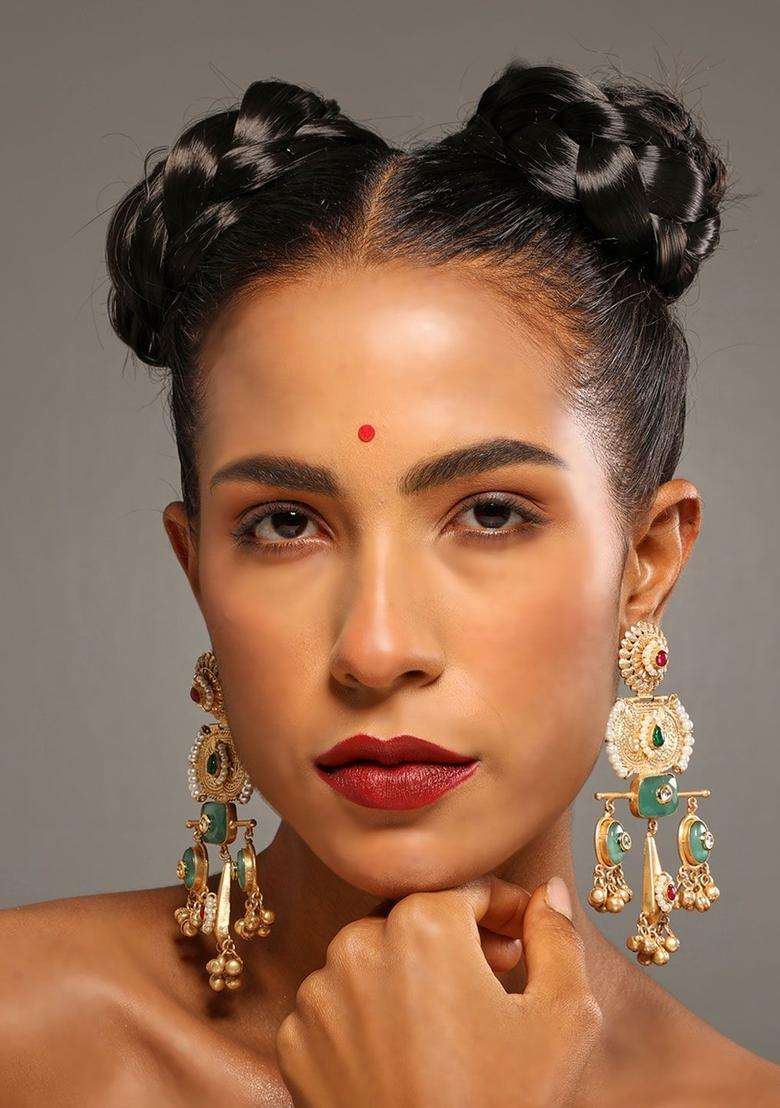 Gold-Plated Artificial Stone Studded & Beaded Temple Drop Earrings for Women | Fusion Party & Festive Wear | Gift for Her - Indya