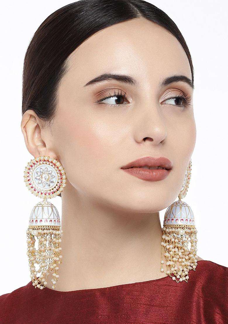 Gold-Plated & Blue Enamelled Meenakari Dome Shaped Jhumkas with Kundan for Women | Traditional Ethnic Jewellery for Wedding & Festive Wear | Gift for Her - Indya