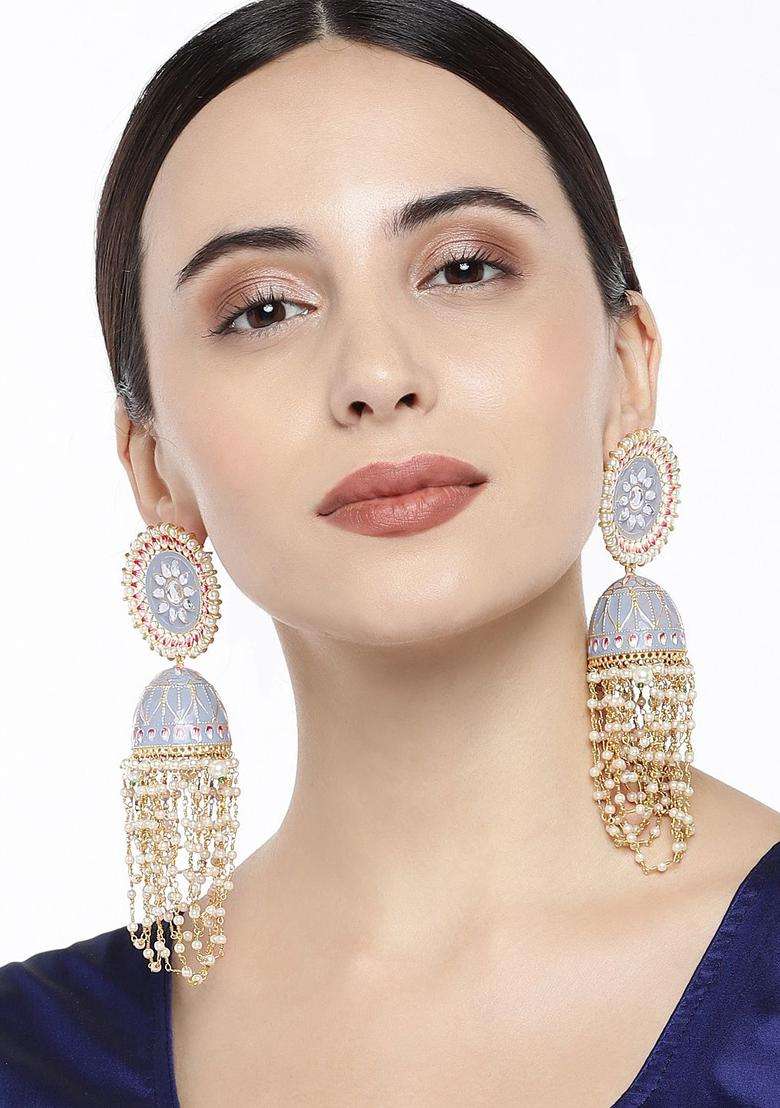 Gold-Plated& Grey Enamelled Meenakari Shaped Jhumkas with Pearl for Women | Traditional Ethnic Jewellery for Wedding & Festive Wear | Gift for Her - Indya