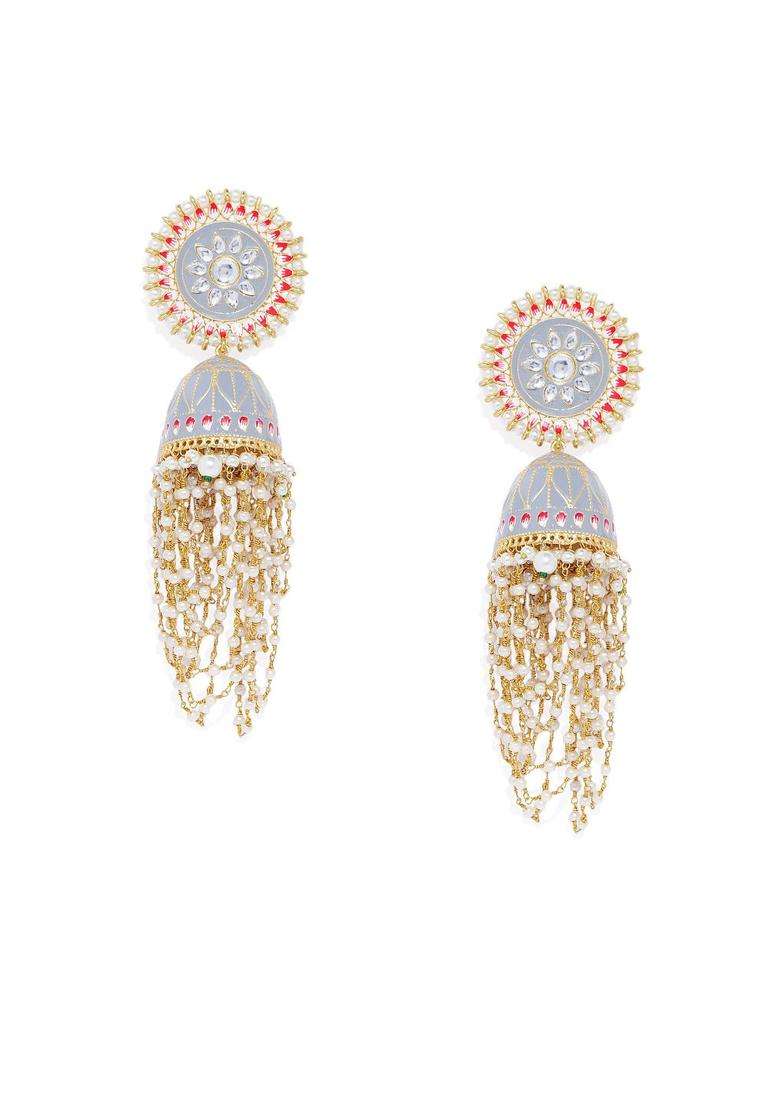 Gold-Plated& Grey Enamelled Meenakari Shaped Jhumkas with Pearl for Women | Traditional Ethnic Jewellery for Wedding & Festive Wear | Gift for Her - Indya