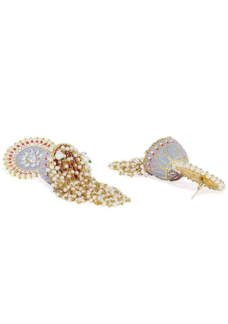 Gold-Plated& Grey Enamelled Meenakari Shaped Jhumkas with Pearl for Women | Traditional Ethnic Jewellery for Wedding & Festive Wear | Gift for Her - Indya