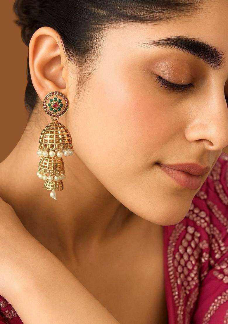 Gold-Plated Artificial Stone Studded and Beads Beaded Dome Shape Jhumkas for Women | Traditional Ethnic Jewellery for Wedding & Festive Wear | Gift for Her - Indya