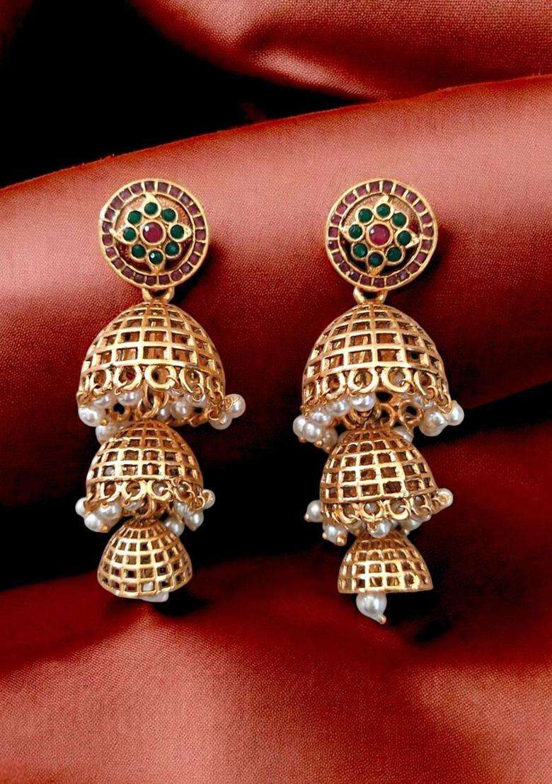Gold-Plated Artificial Stone Studded and Beads Beaded Dome Shape Jhumkas for Women | Traditional Ethnic Jewellery for Wedding & Festive Wear | Gift for Her - Indya