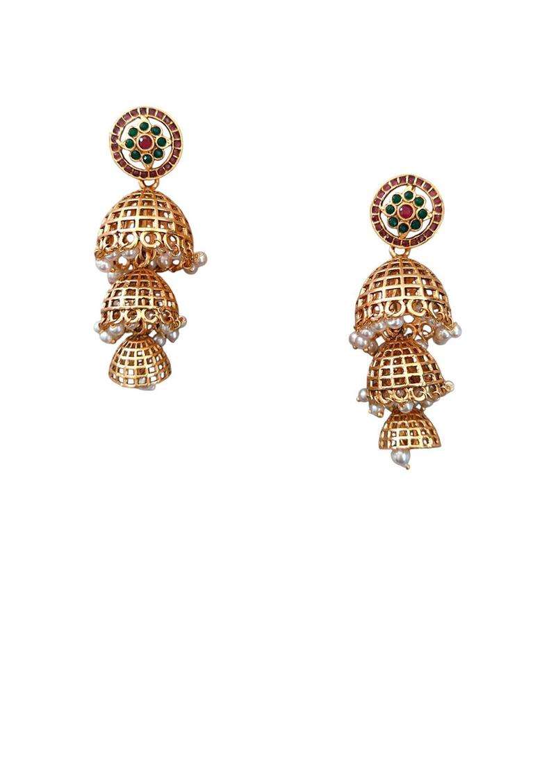 Gold-Plated Artificial Stone Studded and Beads Beaded Dome Shape Jhumkas for Women | Traditional Ethnic Jewellery for Wedding & Festive Wear | Gift for Her - Indya