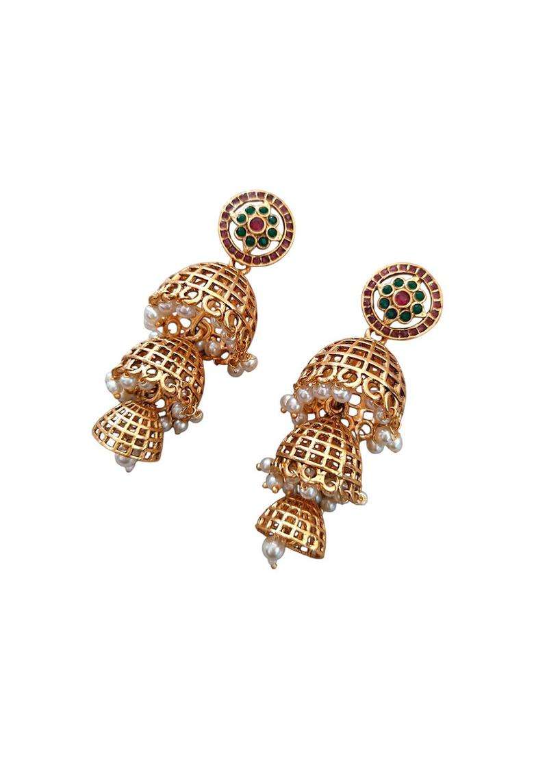 Gold-Plated Artificial Stone Studded and Beads Beaded Dome Shape Jhumkas for Women | Traditional Ethnic Jewellery for Wedding & Festive Wear | Gift for Her - Indya