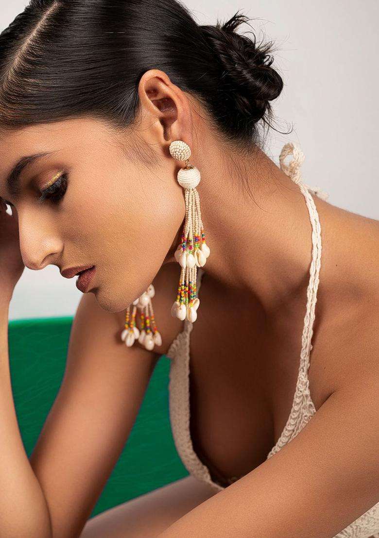 White Contemporary Artificial Stones and Beads Drop Earrings for Women | Fusion Party & Festive Wear | Gift for Her - Indya