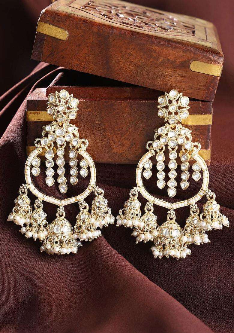Gold-Plated Kundan Stone Studded & Pearls Beaded Contemporary Chandbalis for Women | Traditional Ethnic Jewellery for Wedding & Festive Wear | Gift for Her - Indya