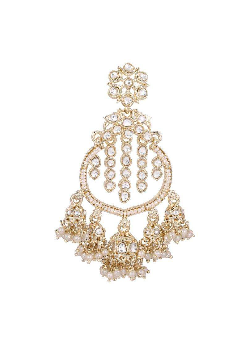 Gold-Plated Kundan Stone Studded & Pearls Beaded Contemporary Chandbalis for Women | Traditional Ethnic Jewellery for Wedding & Festive Wear | Gift for Her - Indya